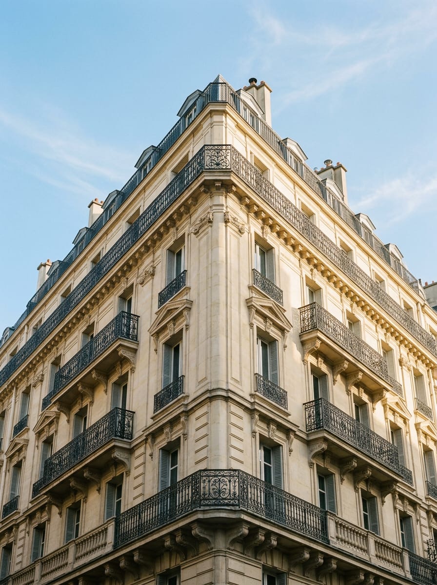 A Haussmann corner building with wrought-iron balconies. Generated image.