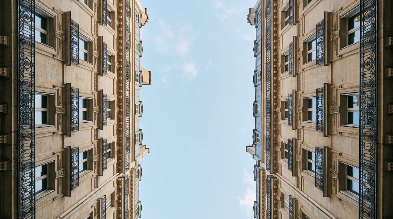 Paris rooftops with zinc roofs and chimney pots under a pale blue sky. Generated image.