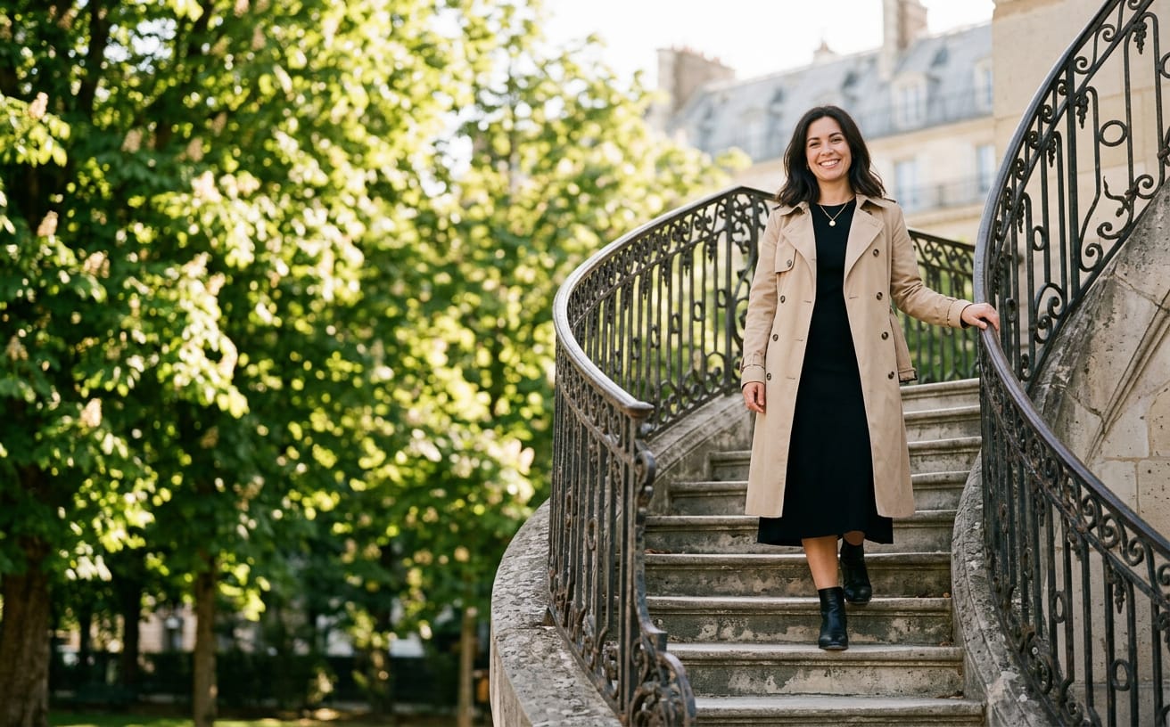Emily on a stone staircase in a Paris park. Generated image.
