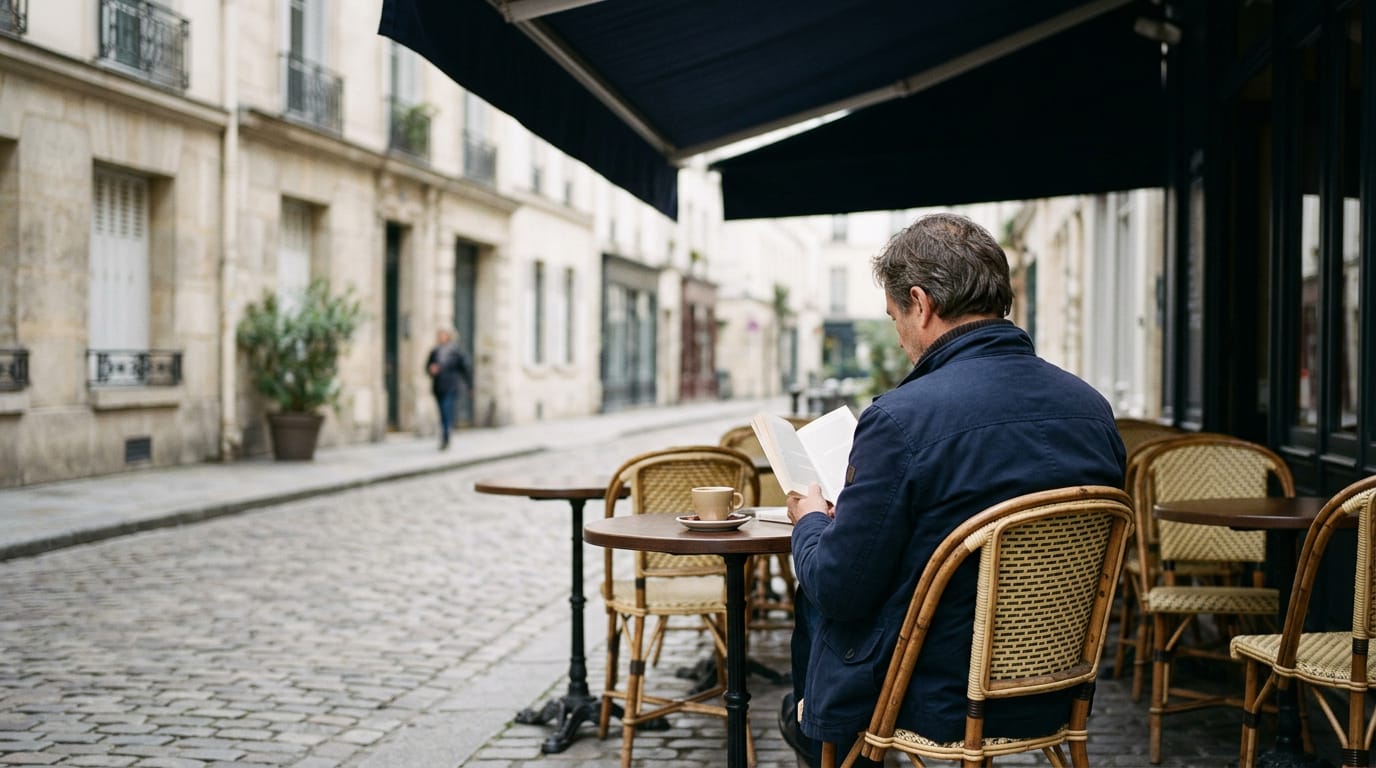 A man reading a book at a café table on a quiet Paris street. Generated image.