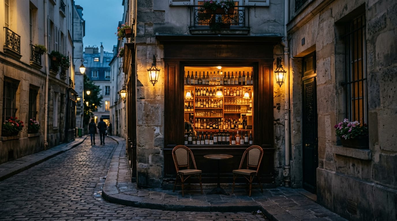 A lit wine shop window on a Paris corner at night. Generated image.